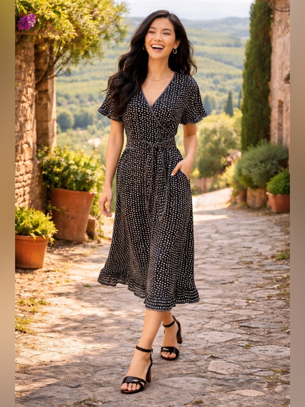 Max Studio Women's Flowy Midi Polka Dot Dress with Flutter Sleeves